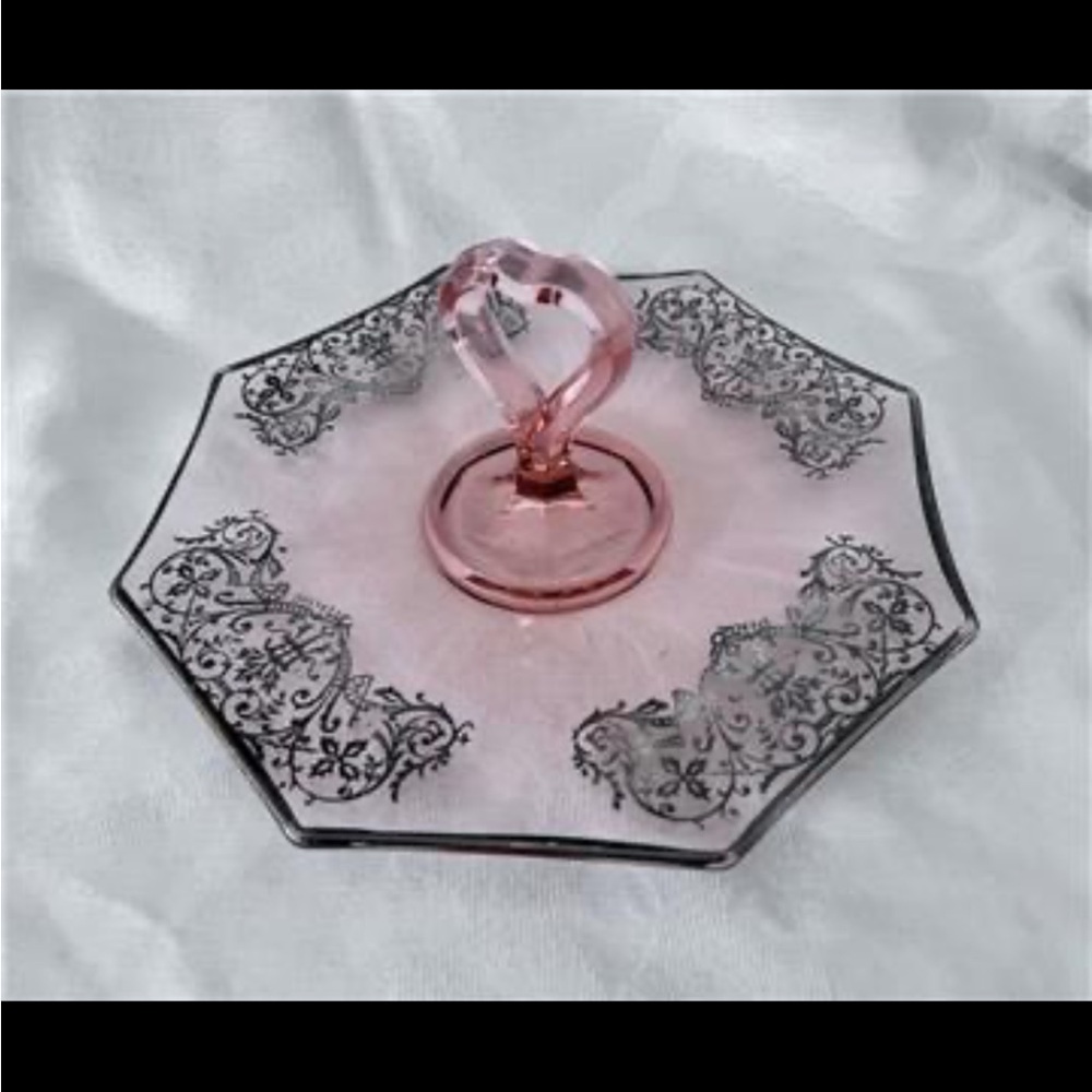 Antique Pink Depression Glass Center Handle Tidbit Tray Sterling Silver Overlay